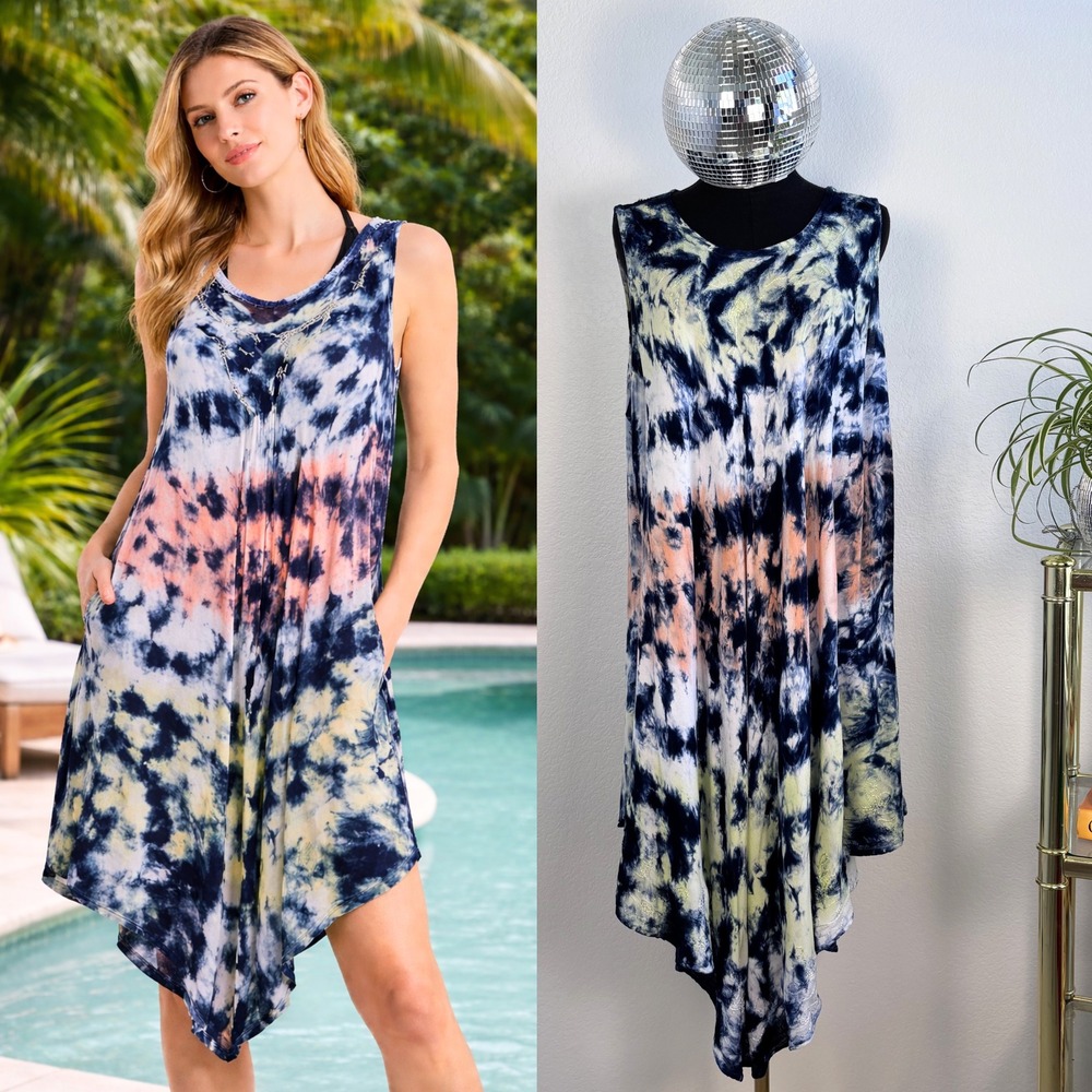 Seven Islands Tie Dye Handkerchief Hem Tank Dress 3X | Blue Swimsuit cover up